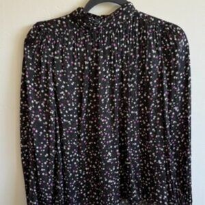 Ann Taylor LOFT Mock Neck Blouse XSP | Black Floral Dot Long Sleeve Top